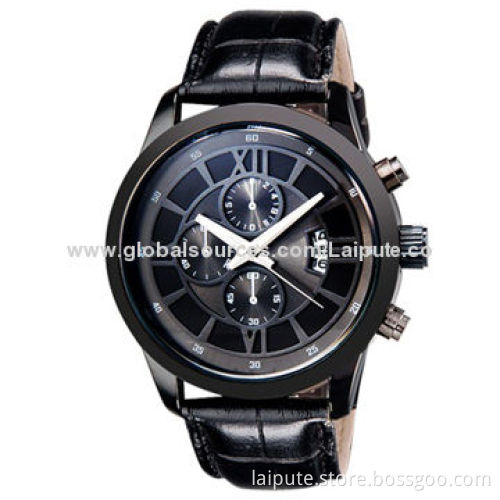 Unisex Quartz Analog Watch with Faux Leather Strap and Calendar (Black)New